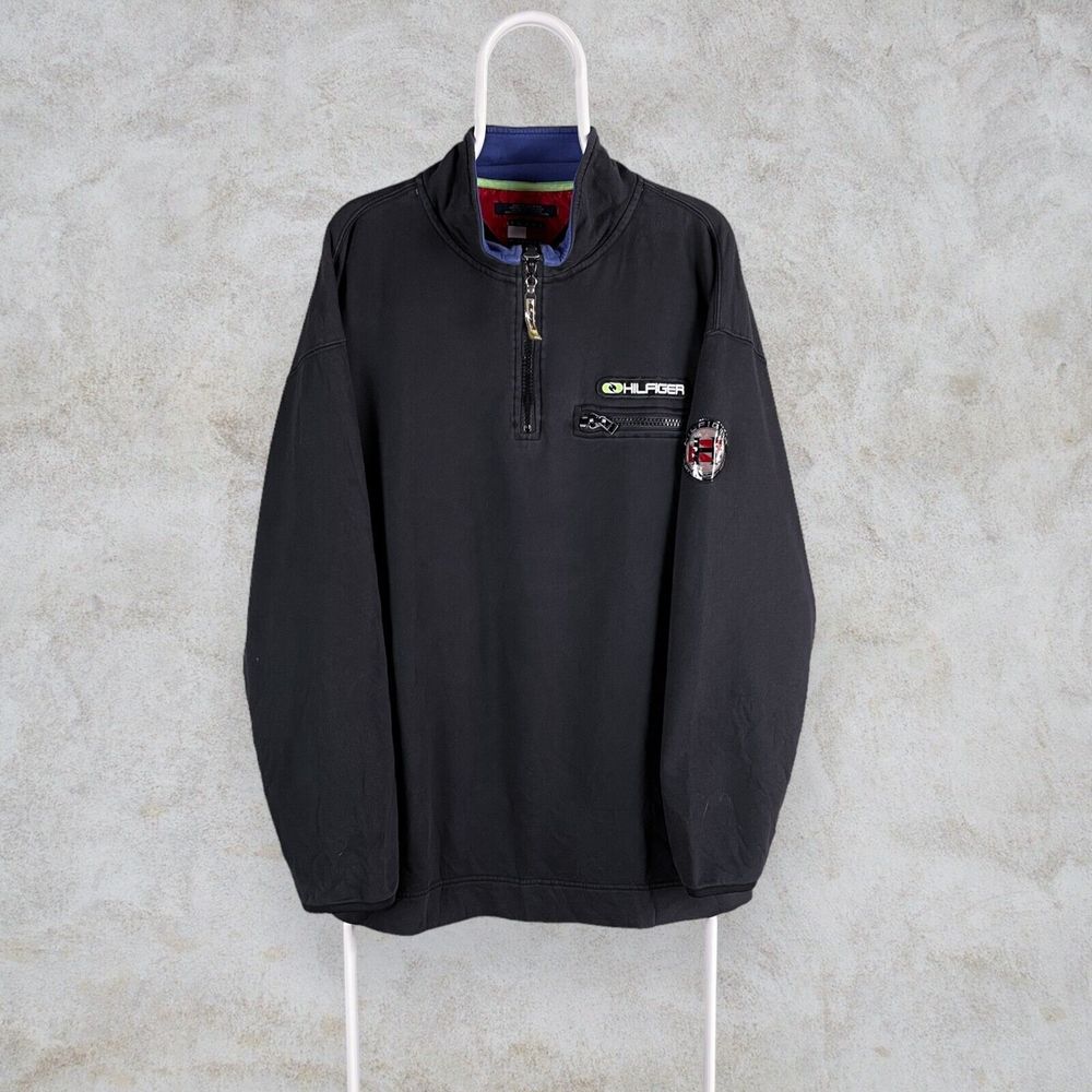 Vintage Black Tommy Hilfiger Sweatshirt 1/4 Zip Mens XL - Picture 2 of 6